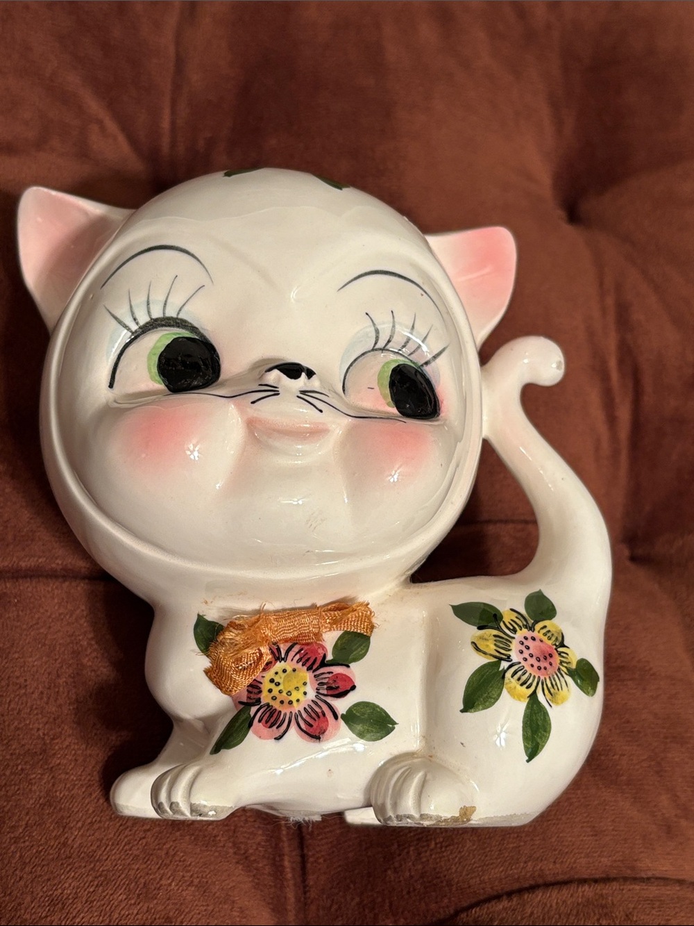 Vintage White Ceramic Cat Figurine with Hand-Painted Flowers